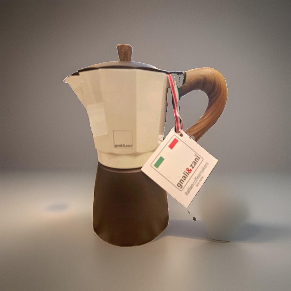 New Gnali & Zan Beige/Brown Italian Aluminum 9-Cup Espresso Coffee Moka Pot NWT